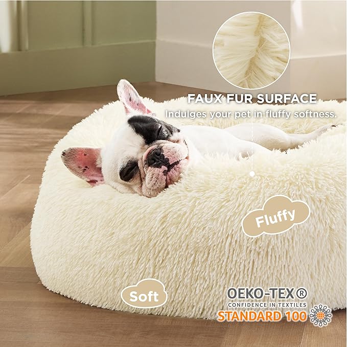 Bedsure Calming Dog Bed for Small Dogs - Donut Washable Small Pet Bed, Round Anti-Slip Fluffy Plush