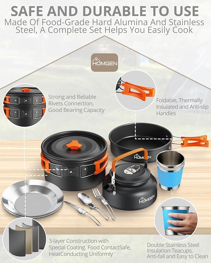 HOMGEN 14-Piece Camping Cooking Set with Stove Windshield & 2 Plates - Lightweight Aluminum Nesting