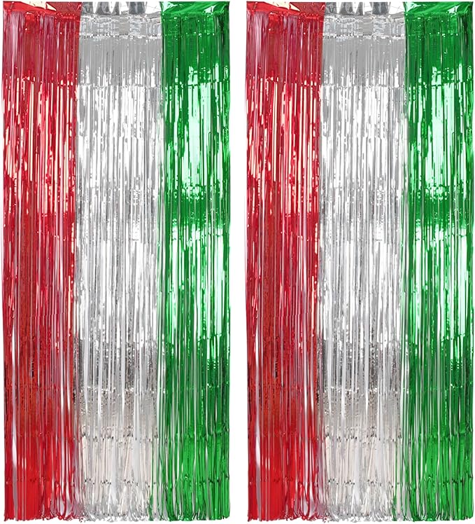 BRAVESHINE 2 Pack Fringe Backdrop Red Silver Green Christmas Party Decorations 3.2 x 6.6 ft Tinsel