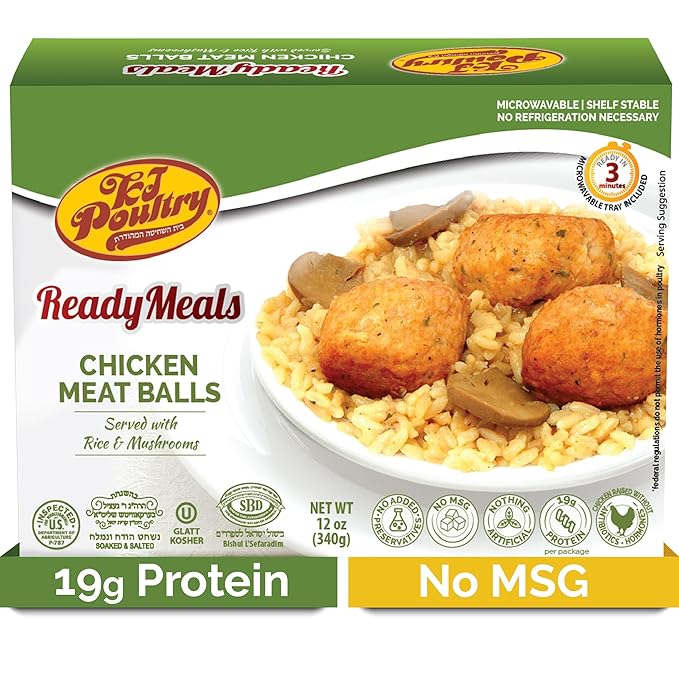 KJ Poultry Kosher Ready Meals - Chicken Meat Balls & Mushrooms, MRE Meat Meals Ready to Eat, Halal