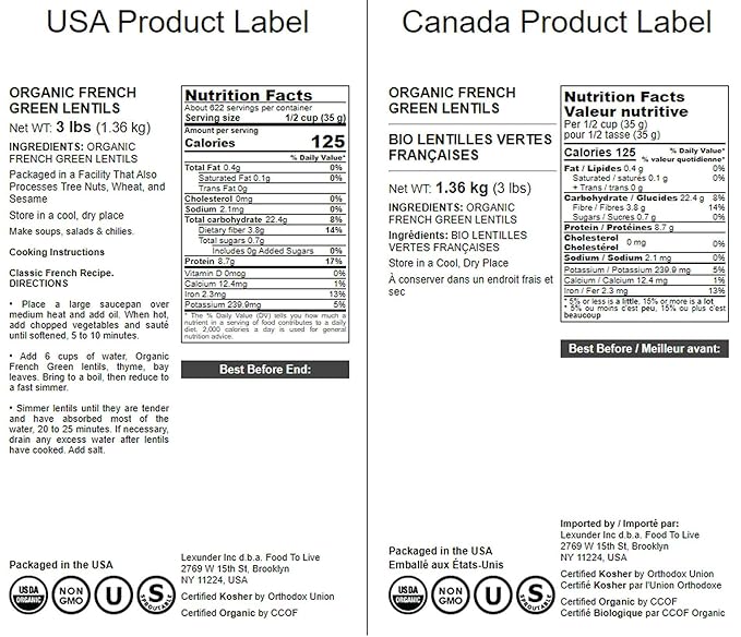 Food to Live Organic French Green Lentils, 3 Pounds ??Non-GMO, Whole Dry Beans, Raw, Sproutable