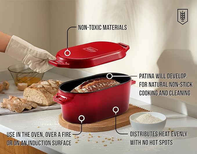 Kook Dutch Oven, for Bread Baking, Sourdough Loaf Pan, Dual Handles, Enameled Cast Iron, with
