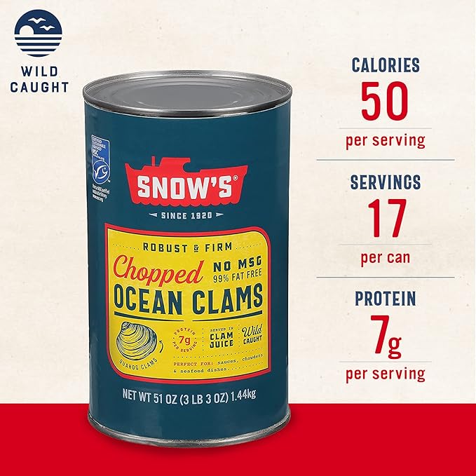 Snow's Ocean Chopped Clams Canned, 51 oz Can - 7g Protein per Serving - Gluten Free, No MSG, 99%