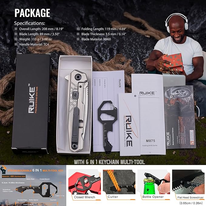 Ruike Tactical Folding Pocket Knife for Men,N690 Stainless Steel Blade,TC4 Titanium Alloy