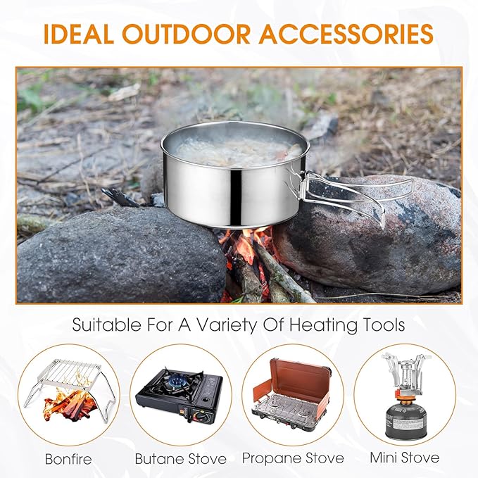 14 Piece Camp Cooking Set, Stainless Steel Camping Cookware with Pot and Pan Kit 2 Set Stainless