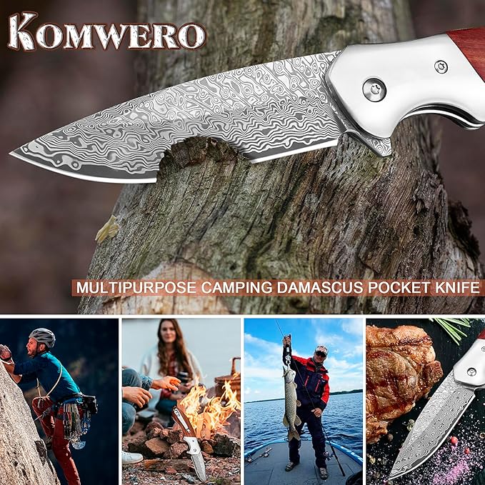 KOMWERO Damascus Pocket Knife, Sharp Damascus Steel Knife with Core VG10 Steel Blade Wood Handle
