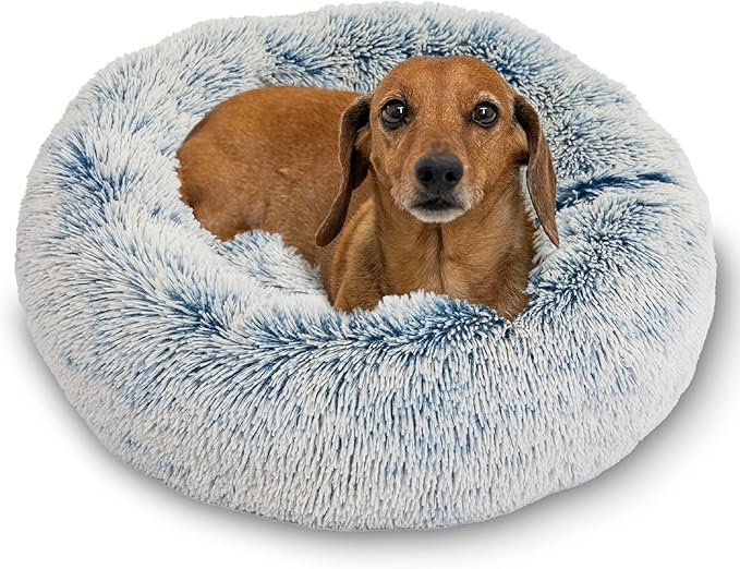 Best Friends by Sheri Original Calming Donut Dog and Cat Bed, Shag Faux Fur, Denim Blue, (23in x