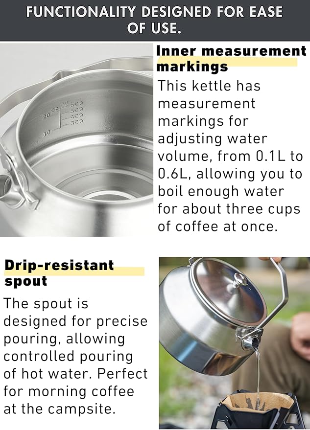 CAMPINGMOON 1L Campfire Kettle Seamless One-Piece Stainless Steel Wide Bottom Wide Spout Integrated