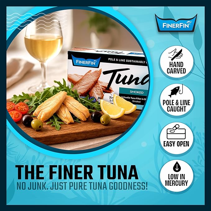 FinerFin Premium Smoked Yellowfin Tuna Fillets in Organic Extra Virgin Olive Oil, 4.4 oz (12 Pack)