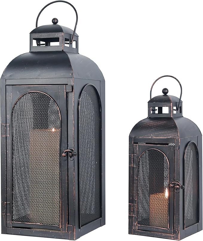 DECORKEY Luxury Lantern Decorative Outdoor & Indoor, Set of 2 (19’’&13’’) Metal Candle Lanterns