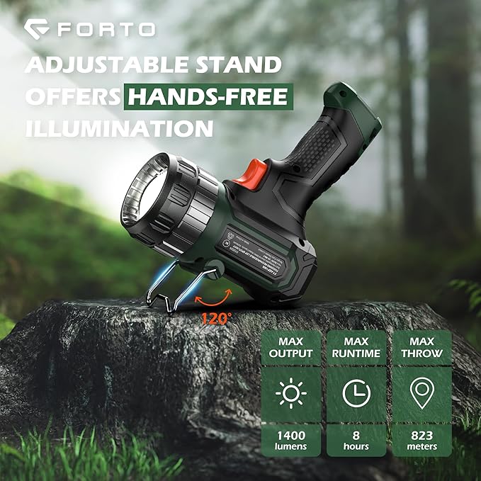 FORTO Compact Rechargeable Spotlight with Adjustable Focus, Handheld Spot Light with Stand, 823m