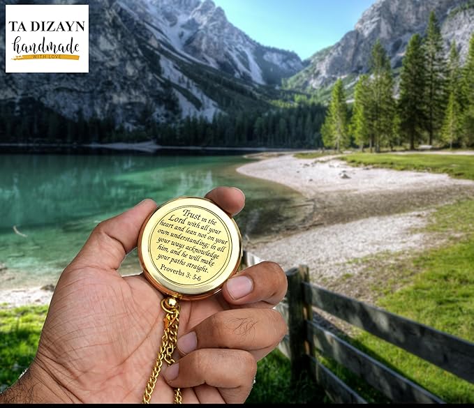 Trust in The Lord With All Your Heart - Proverbs 3:5-6 Quote Engraved Compass With Wooden Box