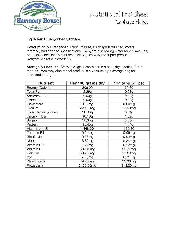 Harmony House Foods Dehydrated Cabbage Flakes - Air Dried Vegetables for Soup and Cooked Dishes