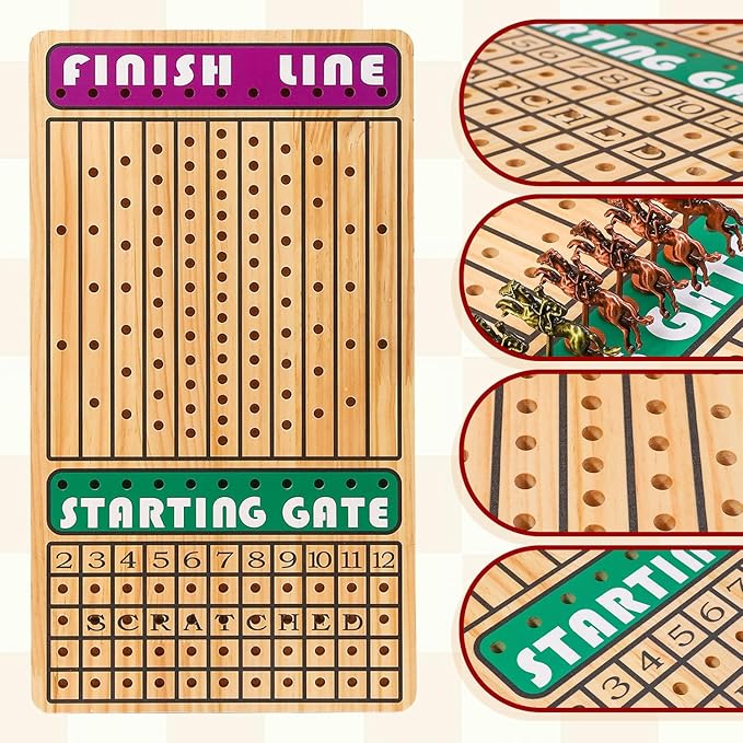 21 in Horse Race Board Game Racing Game Thickened Solid Wood with 11 Metal Horses, 2 Cards & 4
