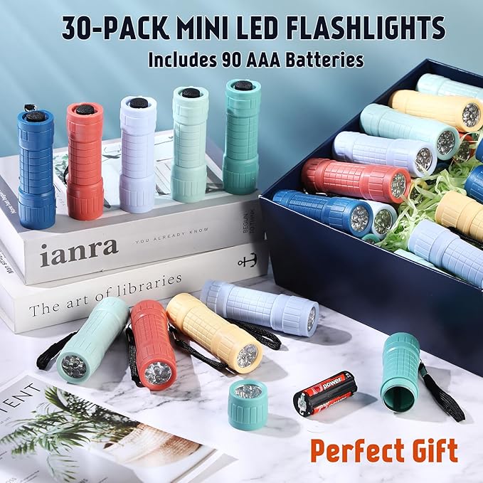 30 Pack 9 LED Small Mini Flashlight Set Plastic Handheld Flashlights with Lanyard, 3 AAA Batteries