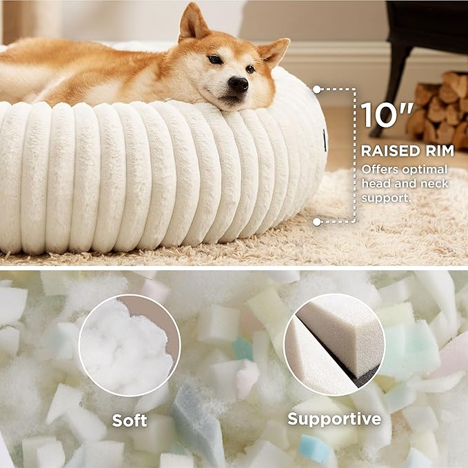 Bedsure Donut Large Dog Bed - Washable Faux Fur with Corduroy Fleece & Anti Slip Bottom, Round Pet