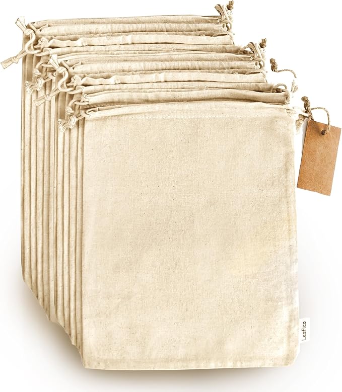 Organic Cotton Produce Bags - Medium 8x10 Inch (12 Bags) - Reusable Muslin Storage Bags with