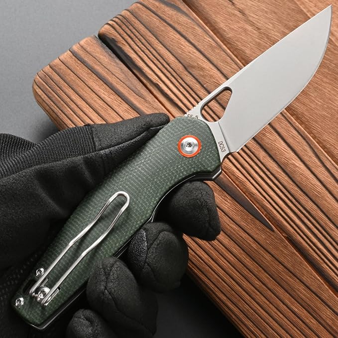 FF5 Folding Pocket Knife, DC53 Steel Blade Micarita Handle with Pocket Clip for Outdoor Camping