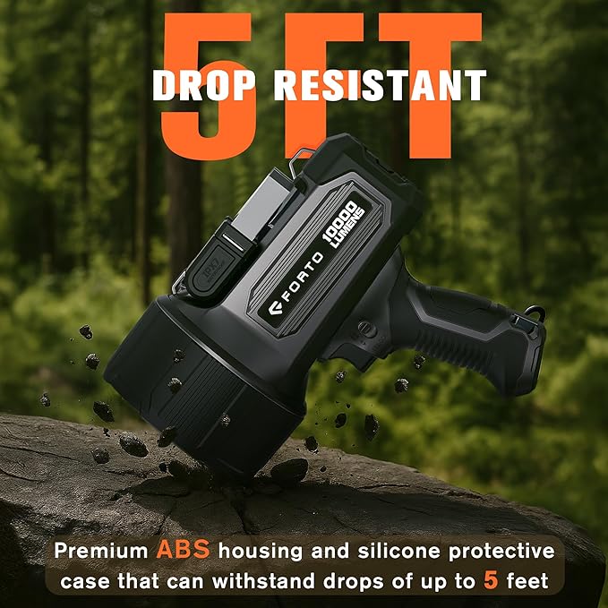 FORTO Rechargeable Spotlight 10000 Lumen Ultra Bright IPX7 Waterproof Flashlight, Boat Spotlight