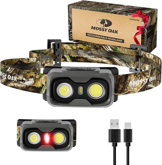 Mossy Oak 600 Lumens Rechargeable Headlamp, Lightweight LED Headlight with White & Red Light