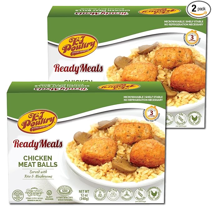 KJ Poultry Kosher Ready Meals - Chicken Meat Balls & Mushrooms, MRE Meat Meals Ready to Eat, Halal