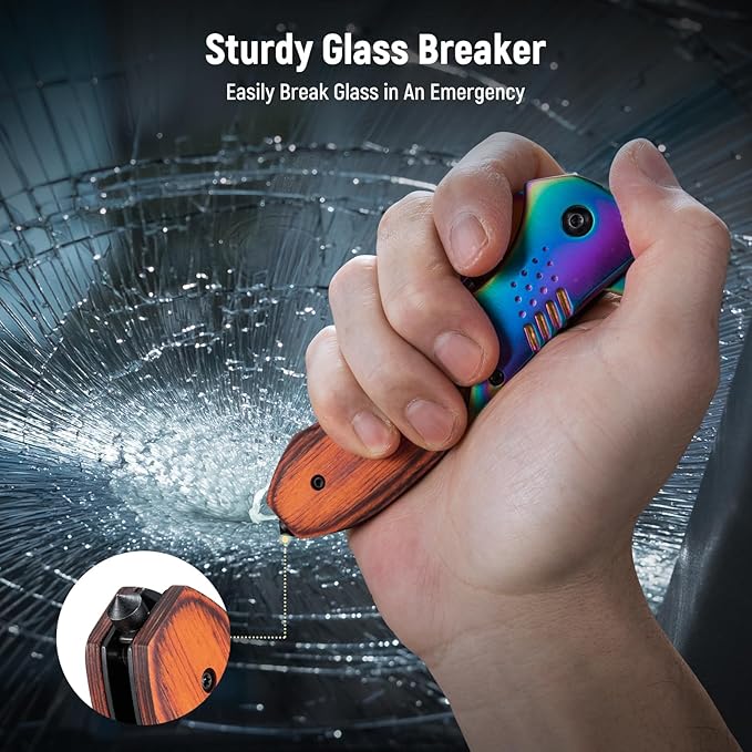 Pocket Knife for Men - 3.46" Sharp Blade Wood Handle Pocket Folding Knives with Clip, Glass Breaker