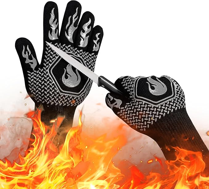 BBQ Fireproof Gloves, Grill Cut-Resistant Gloves 1472°F Heat Resistant Gloves, Non-Slip Silicone