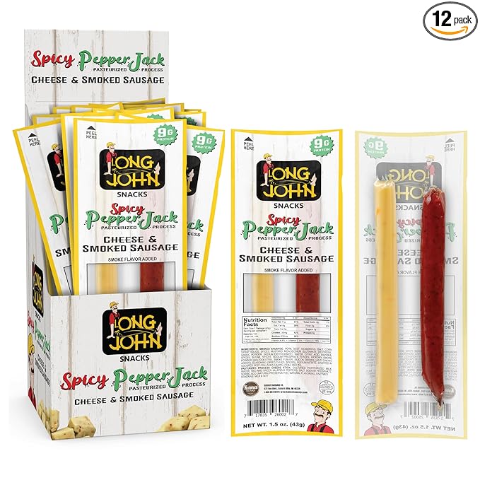 Long John Snacks Meat and Cheese Sticks - Spicy Smoked Sausage & Real Wisconsin Spicy Pepper Jack