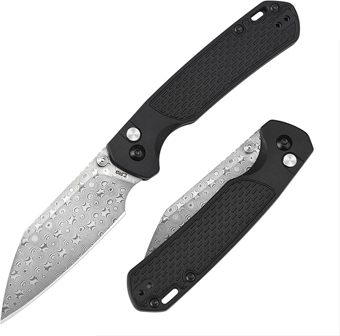 CJRB Pyrite-Light Pocket Knife, 3.34'' Damascus Steel Blade Folding Knife with Pocket Clip, Pocket