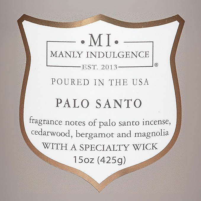 Manly Indulgence Palo Santo Scented Candles for Men, 15 oz Wooden Wick, Premium Soy Blend Wax, 60H