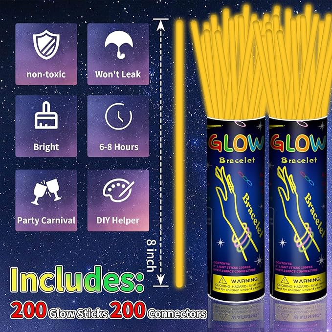 200 Pack 8'' Glow Sticks Bulk Party Favors Orange Light Up Sticks with Connectors Neon Glow in the