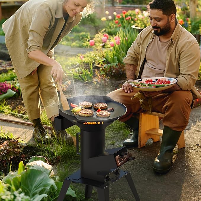 3-in-1 Camp Rocket Stove Kit with BBQ Grate, Griddle, Pot Rack, Portable Wood Burning Stove with