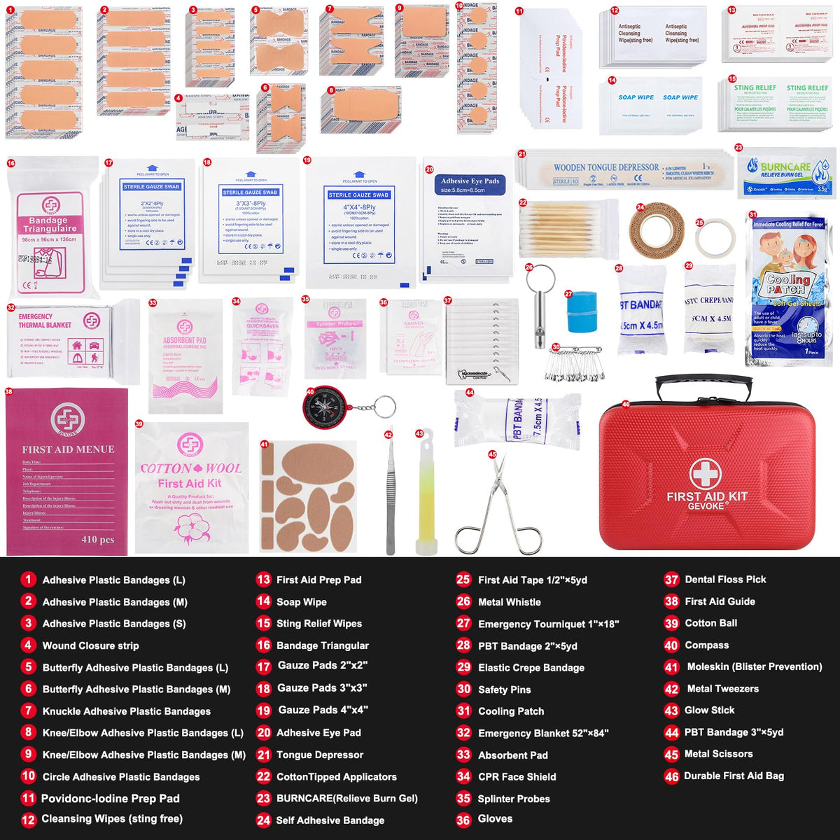 Gevoke First Aid Kit - 410 Piece, Waterproof, Red - product view 2
