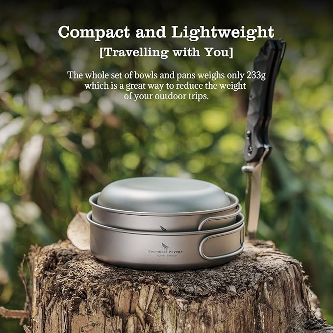 Camping Titanium Pots Set Titanium Bowl Set Outdoor Cookware Cooking Pan Pot with Folding-Handle