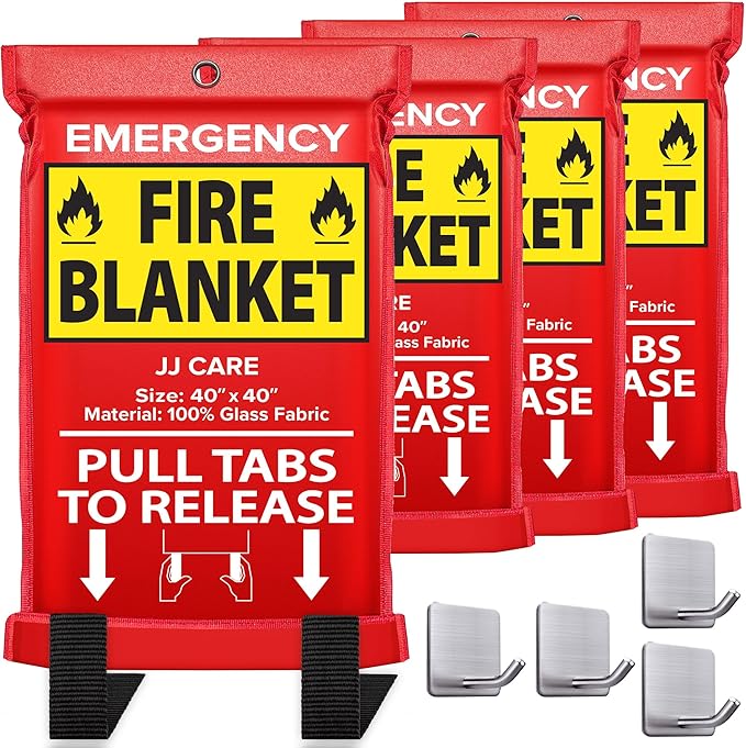 JJ CARE Fire Blanket ??4 Packs with Hooks ??Emergency Fire Blanket for Home & Kitchen, High Heat
