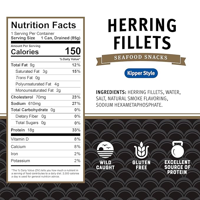 Brunswick Boneless Kipper Style Herring Fillets, 3.53 oz Can (Pack of 12) - 18g Protein per Serving