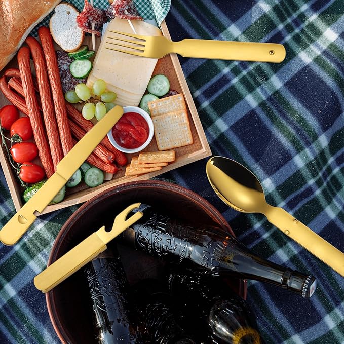 Picnic Silverware Gold Camping Cutlery Fork Knife Spoon Bottle Opener 4 Pieces Flatware Utensil Kit