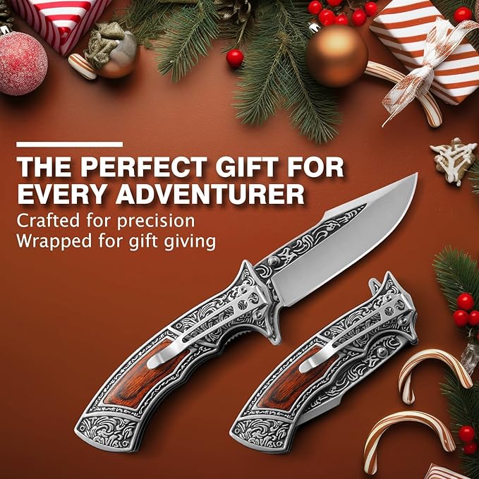 Pocket Knife with Sheath and Clip, 440C Stainless Steel Folding Knife 3D Retro Embossed Pattern