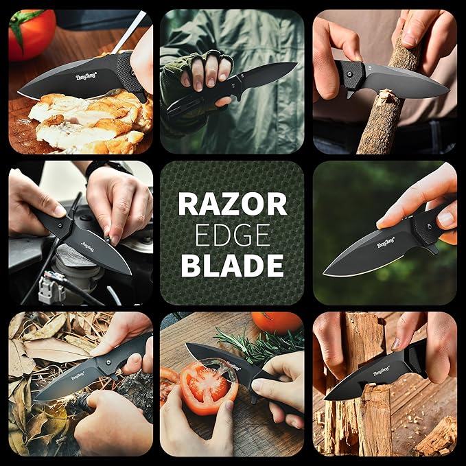 Praxis Folding Pocket Knife, 3.6" PVD Titanium Coating D2 Steel Blade Foldable Knife with G10