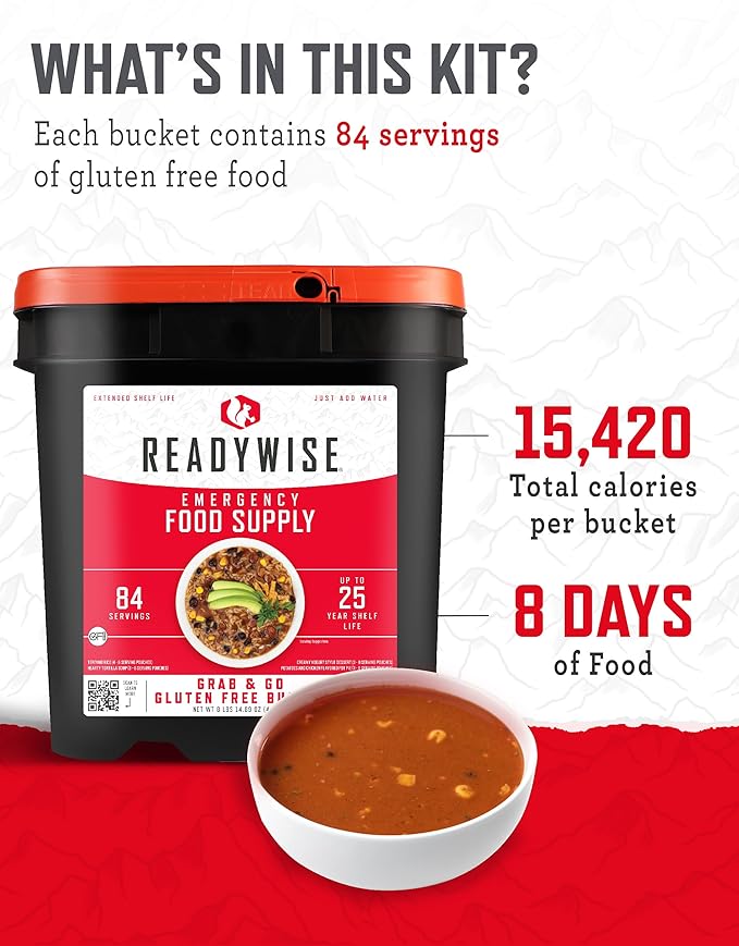 ReadyWise Emergency Food Supply - 84 Servings Gluten Free Survival Food Bucket, Dehydrated Meals &