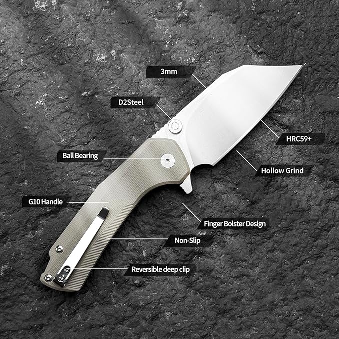 ioko Folding Pocket Knife, 3.5-Inch D2 Steel Blade, G10 Handle, EDC Camping Survival Knife with