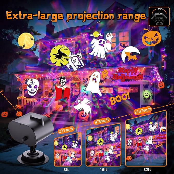 Halloween Projector Lights Outdoor, 2-In-1 HD Moving Pattern Holiday Projector Lights with Remote