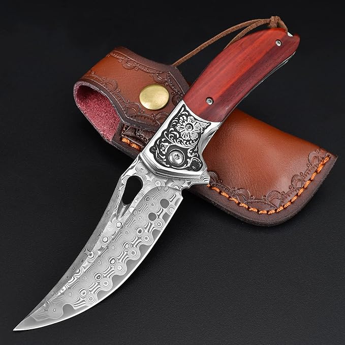 KOMWERO Damascus Pocket Knife for Men Women, Sharp VG10 Core Damascus Steel Knife for Outdoor