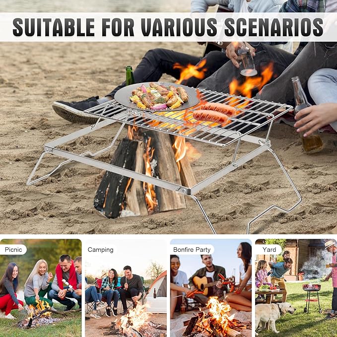 ZORMY 17" Large Folding Campfire Grill, 304 Stainless Steel Firepit Grill Grate, Heavy Duty