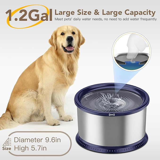4.5L/1.2Gal Dog Water Bowl, No Spill Stainless Steel Slow Water Bowl for Medium Large Dogs, Large