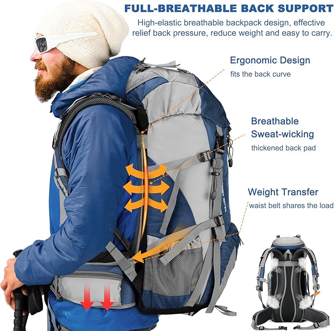 Loowoko 50L Hiking Backpack, Waterproof Camping Essentials Bag with Rain Cover, 45+5 Liter