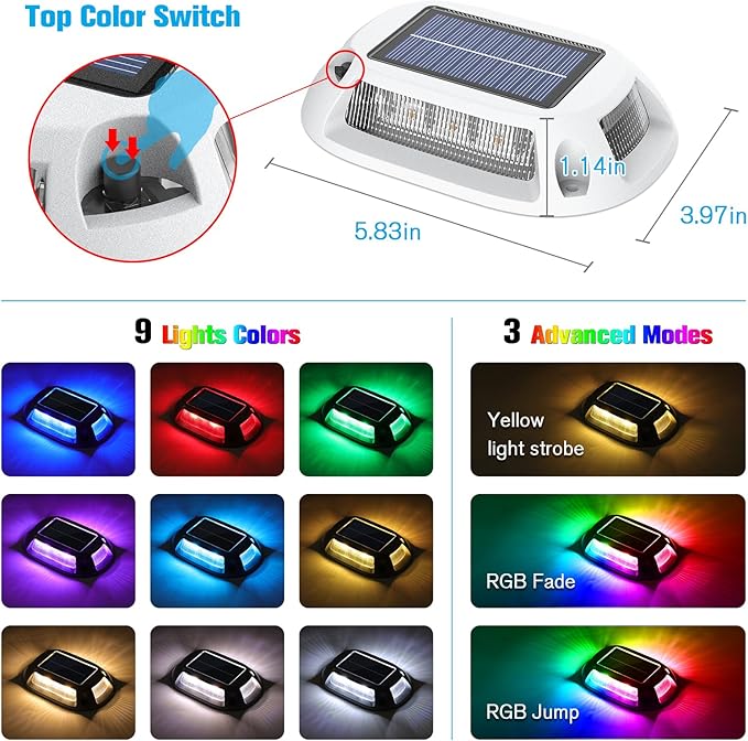 VOLISUN Solar Driveway Lights Dock Deck Lights 12 Pack,9 Colors in 1 Led IP67 Waterproof Outdoor