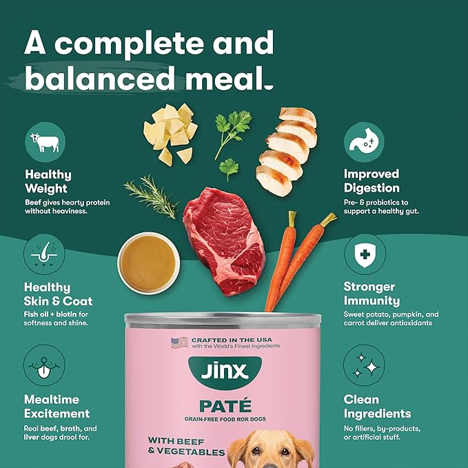 Jinx Premium Wet Dog Food Cans - Beef Pate - Grain-Free Canned Dog Food Pate & Topper with Real