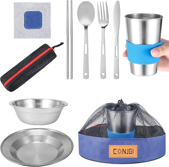 Outdoor Camping Mess Kit - 1 to 2 persons Camping Dishes Includes Cups, Bowls, Dishes, Knives