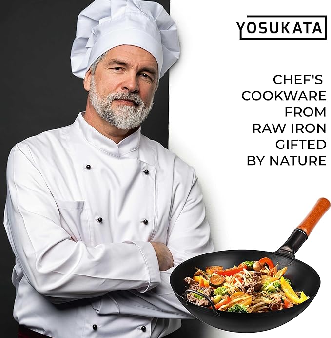 YOSUKATA 13.5" Carbon Steel Wok Pan – Pre-Seasoned Flat Bottom Pow Wok for Stir Fry, BBQ, Grill &